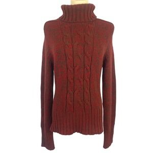 Vintage Y2K L Red Multicolored Knit Turtleneck Cable Knit Cottagecore Sweater